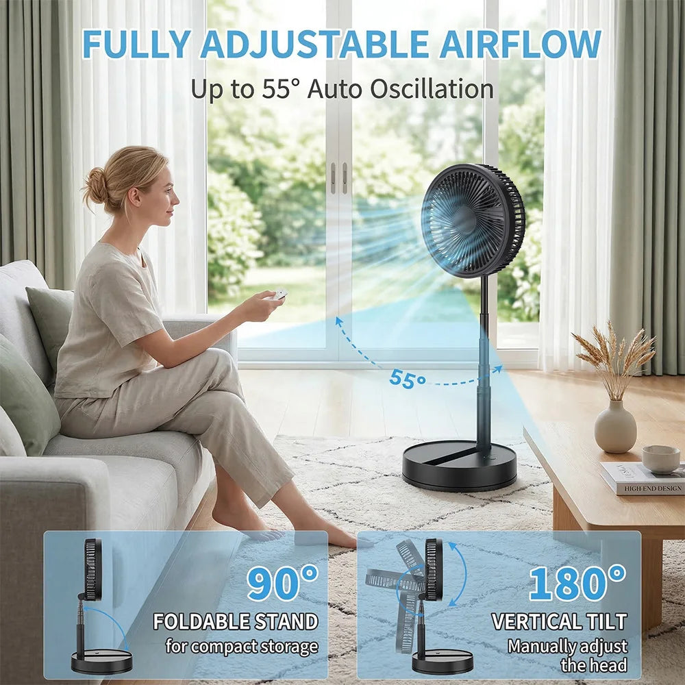 Ultra Quiet 8.6 Inch Folding Fan 7200mah Rechargeable Portable USB Desk Fan, Remote Control Standing Floor Fan with Long Battery Life for Bedroom Office Camping - Black/While