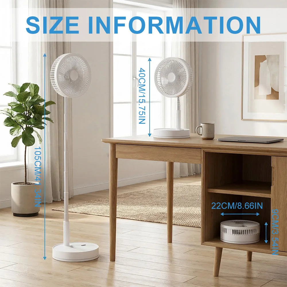 Ultra Quiet 8.6 Inch Folding Fan 7200mah Rechargeable Portable USB Desk Fan, Remote Control Standing Floor Fan with Long Battery Life for Bedroom Office Camping - Black/While