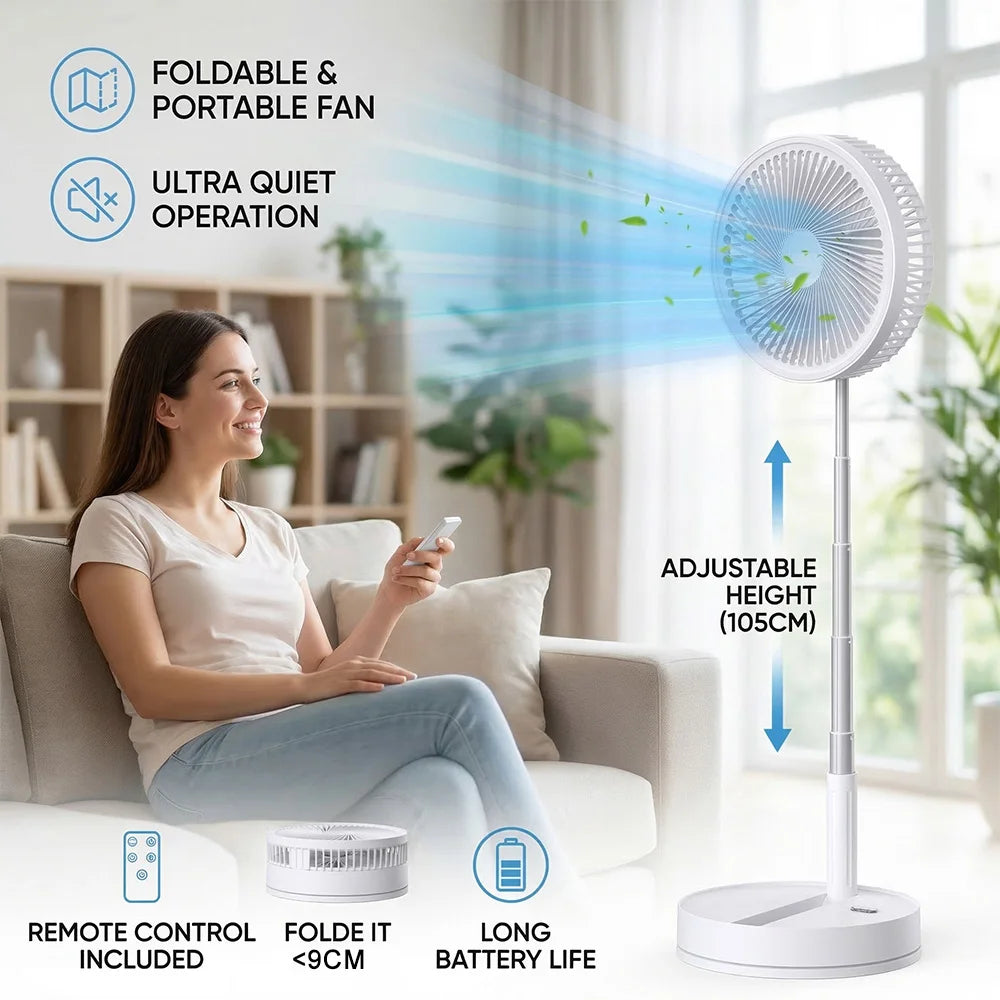 Ultra Quiet 8.6 Inch Folding Fan 7200mah Rechargeable Portable USB Desk Fan, Remote Control Standing Floor Fan with Long Battery Life for Bedroom Office Camping - Black/While