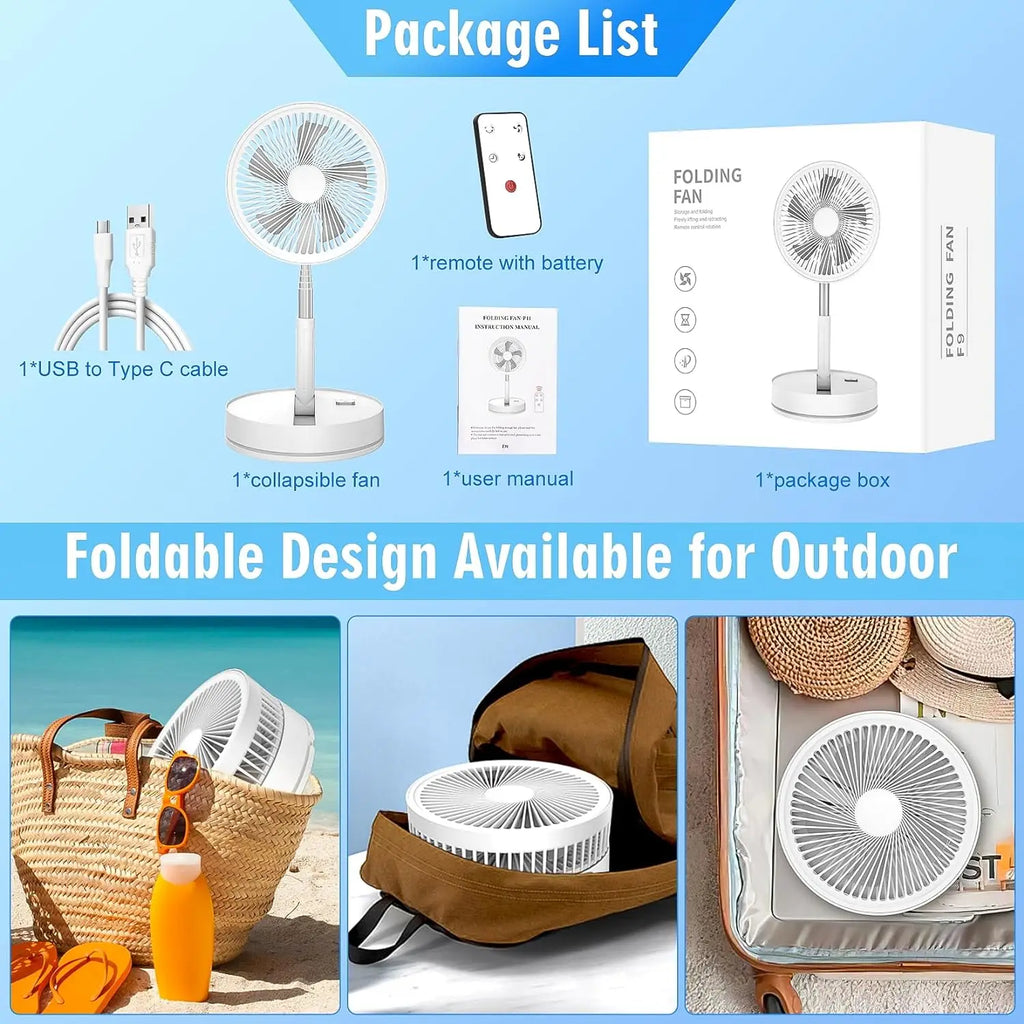 9" Foldable Telescopic Fan Portable Small Table Fan USB Rechagerable With Remote Control Low Noise Floor Fan For Outdoor Indoor