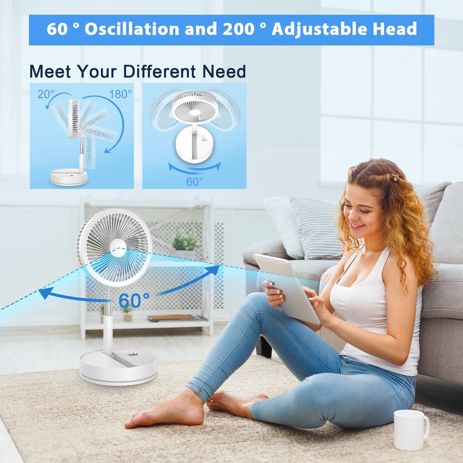 9" Foldable Telescopic Fan Portable Small Table Fan USB Rechagerable With Remote Control Low Noise Floor Fan For Outdoor Indoor