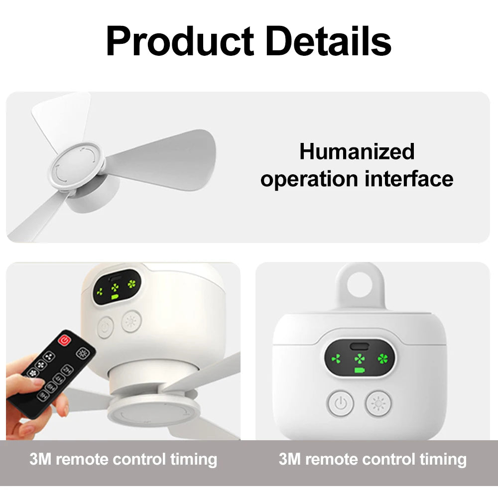 8000mHA Portable Ceiling Fan With LED Light & Remote Control Outdoor Camping Tent Hanging Fan USB Rechargeable Electric Fan