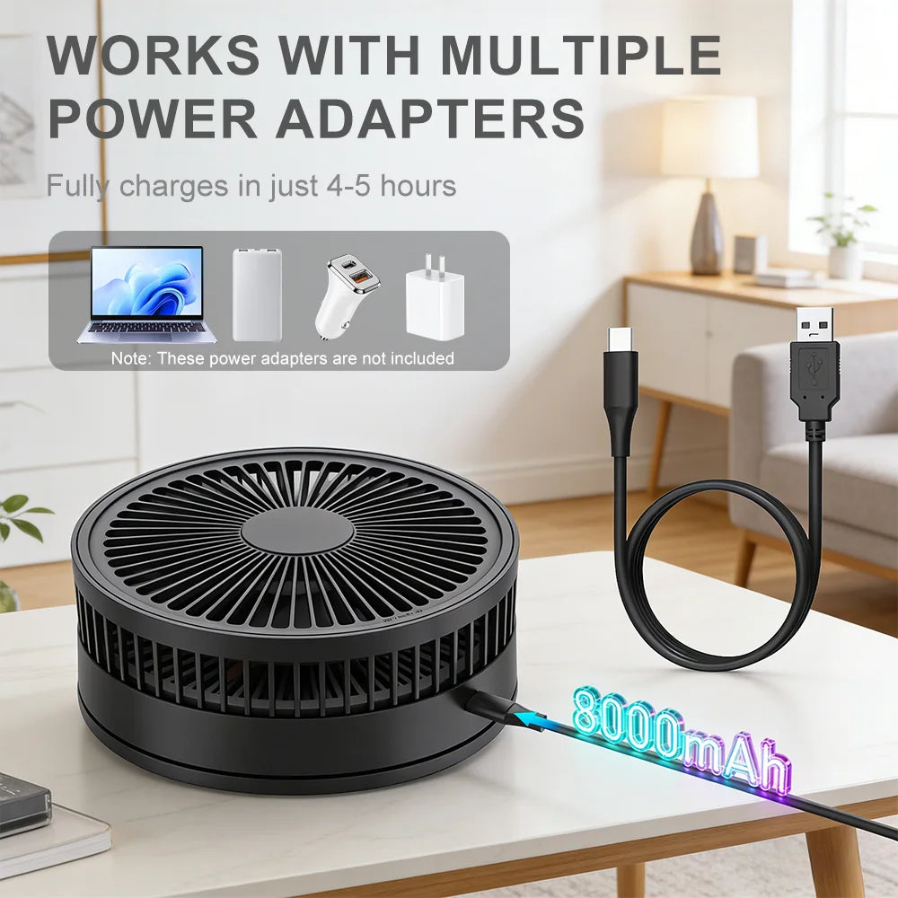 Ultra Quiet 8.6 Inch Folding Fan 7200mah Rechargeable Portable USB Desk Fan, Remote Control Standing Floor Fan with Long Battery Life for Bedroom Office Camping - Black/While