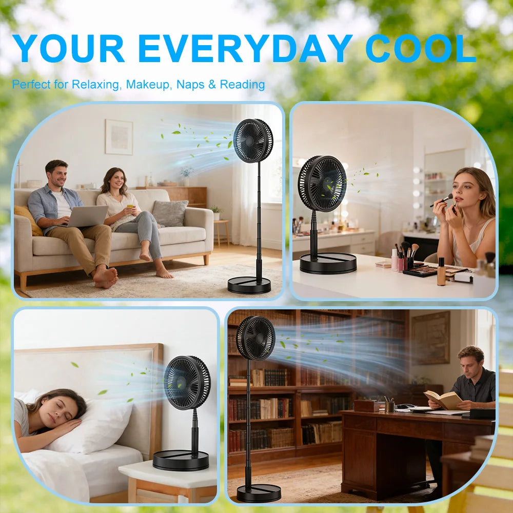 Ultra Quiet 8.6 Inch Folding Fan 7200mah Rechargeable Portable USB Desk Fan, Remote Control Standing Floor Fan with Long Battery Life for Bedroom Office Camping - Black/While