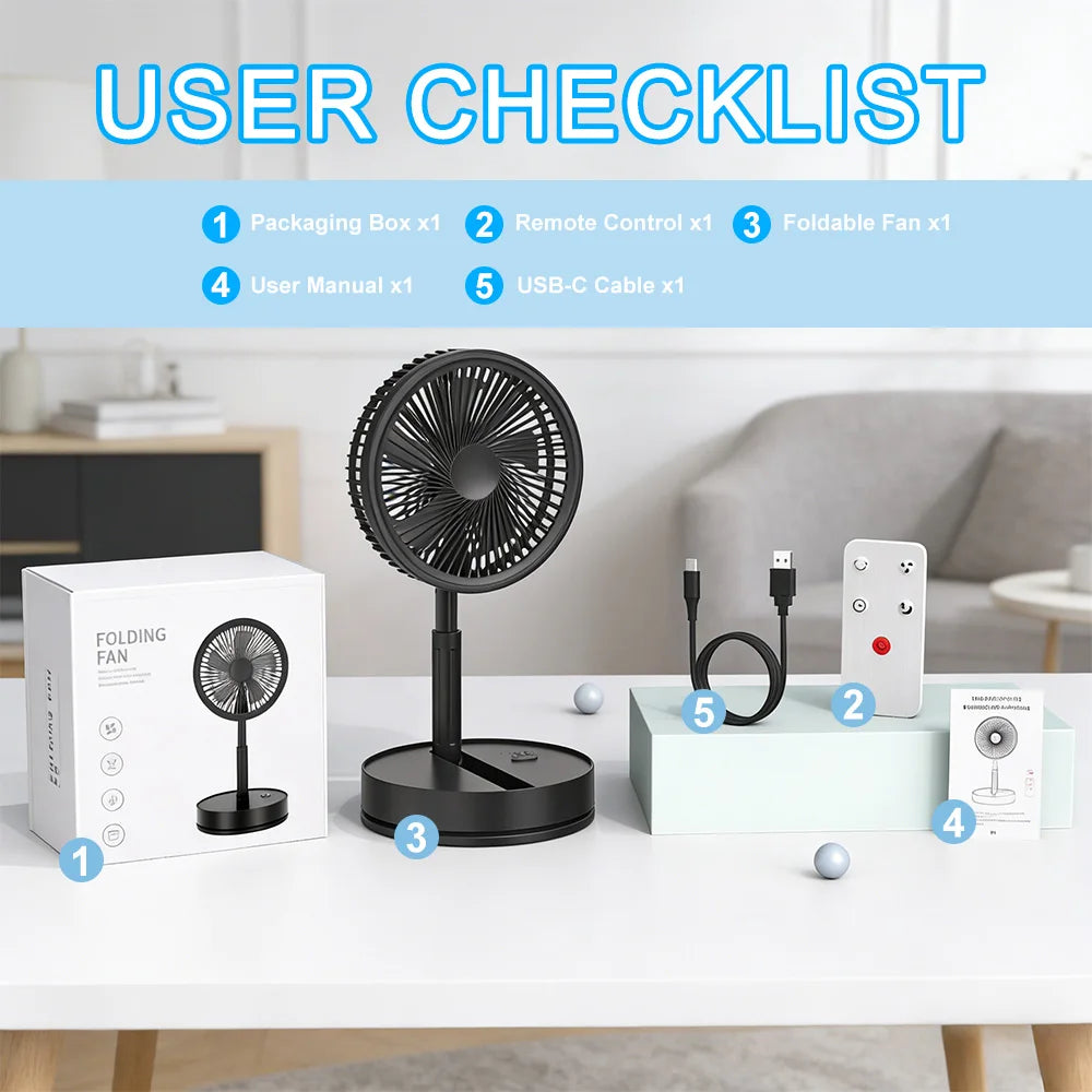 Ultra Quiet 8.6 Inch Folding Fan 7200mah Rechargeable Portable USB Desk Fan, Remote Control Standing Floor Fan with Long Battery Life for Bedroom Office Camping - Black/While
