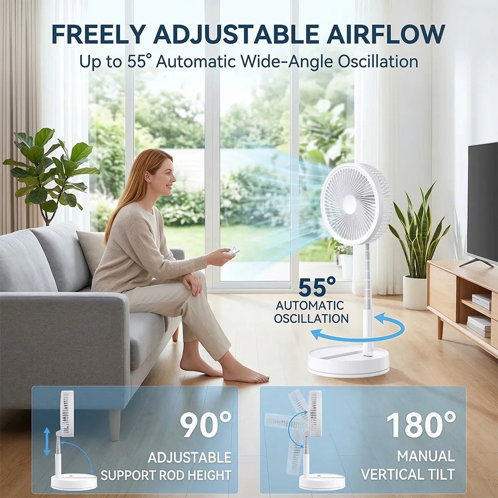 9'' Portable Telescopic Fan Foldable Table Fan USB Rechargeable 8000mAh Low Noise Fan Height Adjustable For Outdoor & Indoor