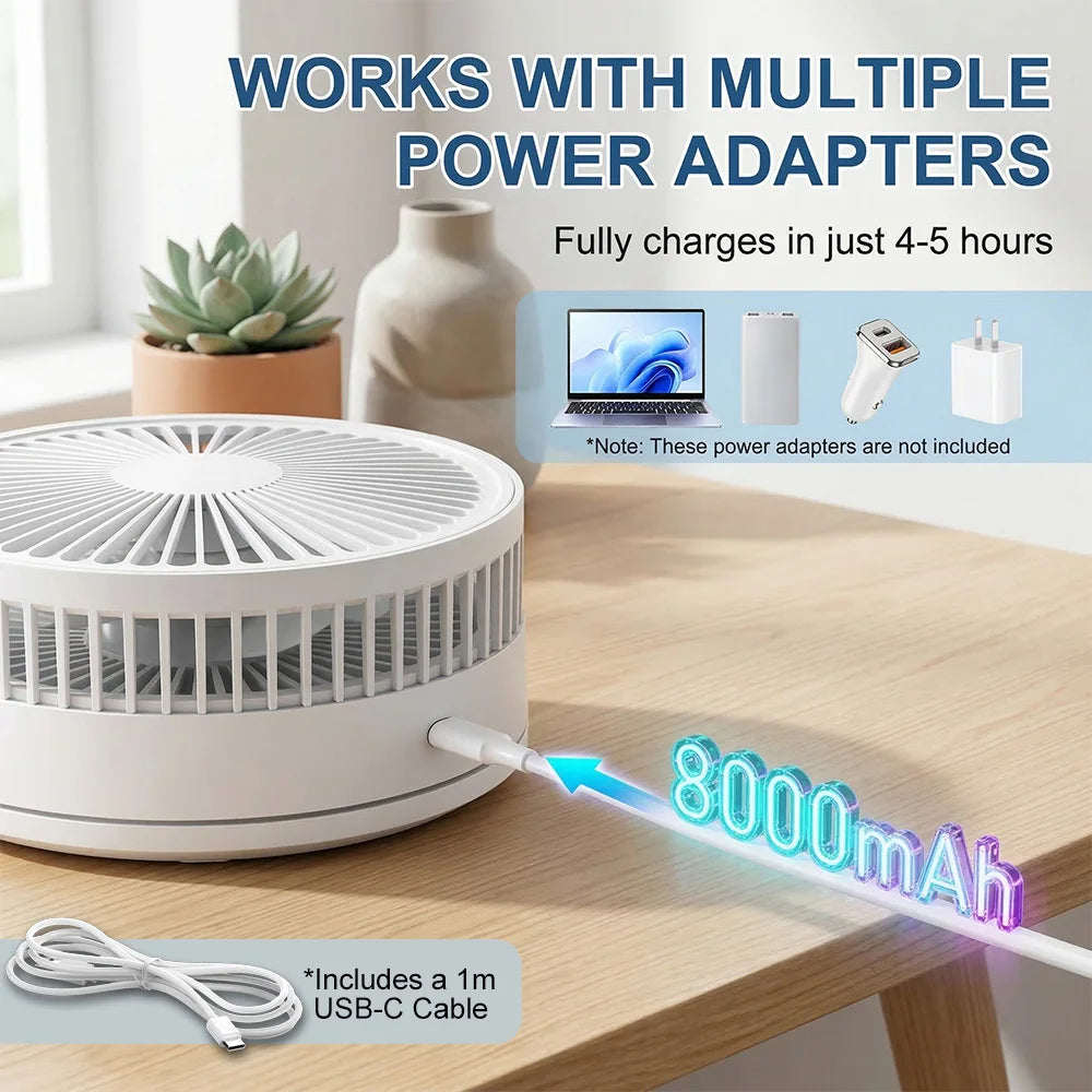 Ultra Quiet 8.6 Inch Folding Fan 7200mah Rechargeable Portable USB Desk Fan, Remote Control Standing Floor Fan with Long Battery Life for Bedroom Office Camping - Black/While
