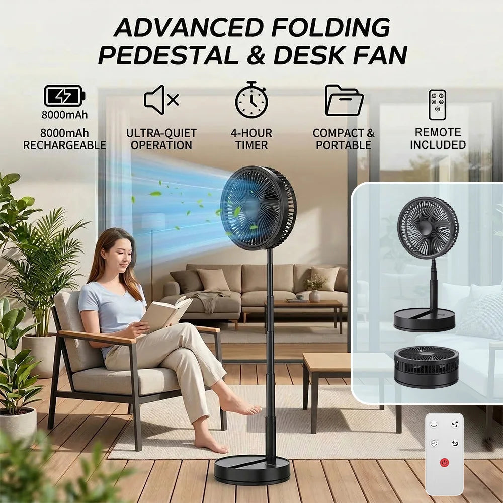 Ultra Quiet 8.6 Inch Folding Fan 7200mah Rechargeable Portable USB Desk Fan, Remote Control Standing Floor Fan with Long Battery Life for Bedroom Office Camping - Black/While