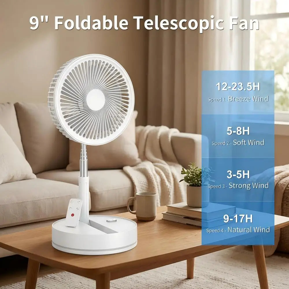 9″ Foldable Telescopic Small Fan USB Rechargeable 7200mAh Battery Operated Fan 4-Speed Adjustable Table Fan With Remote Control