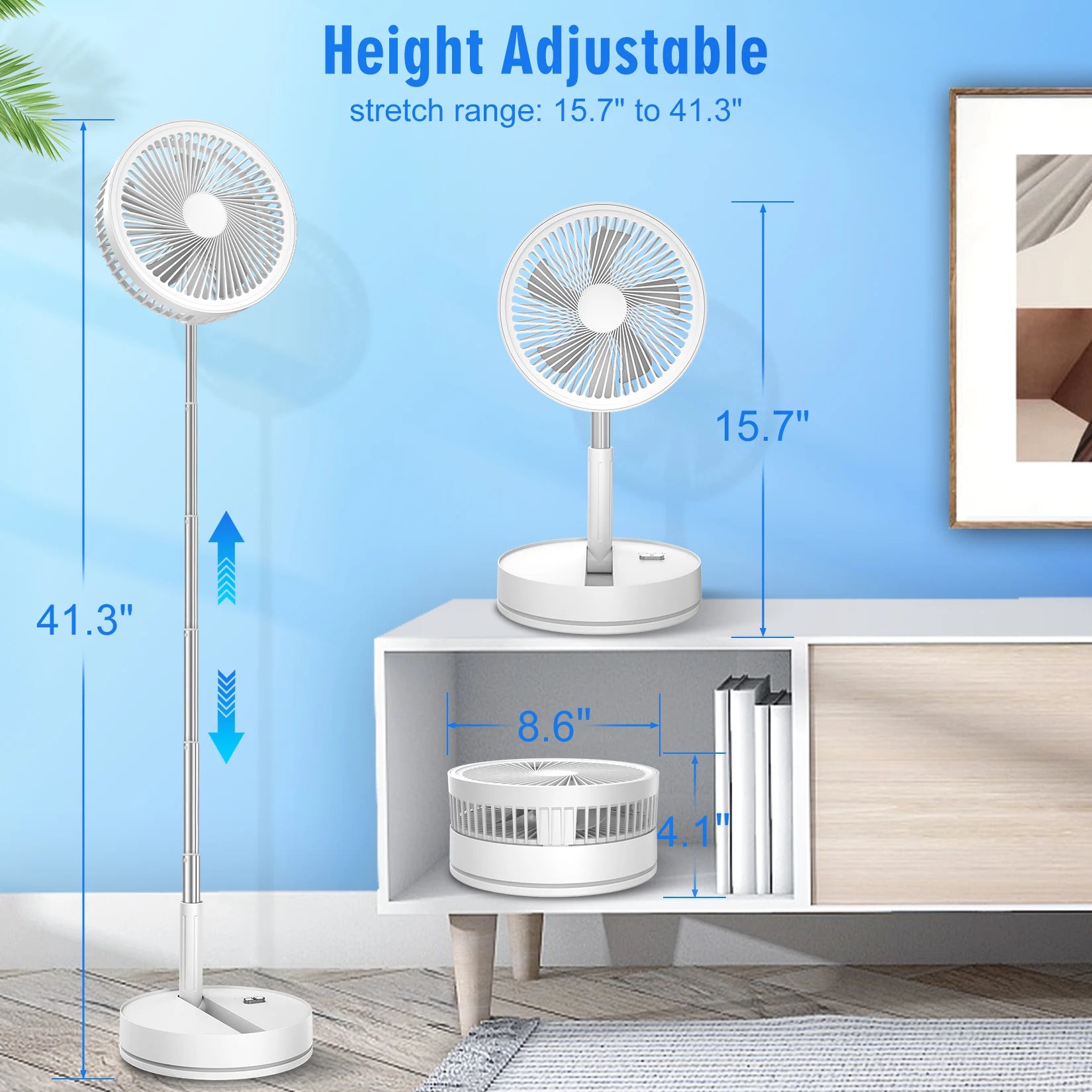 9" Foldable Telescopic Fan Portable Small Table Fan USB Rechagerable With Remote Control Low Noise Floor Fan For Outdoor Indoor