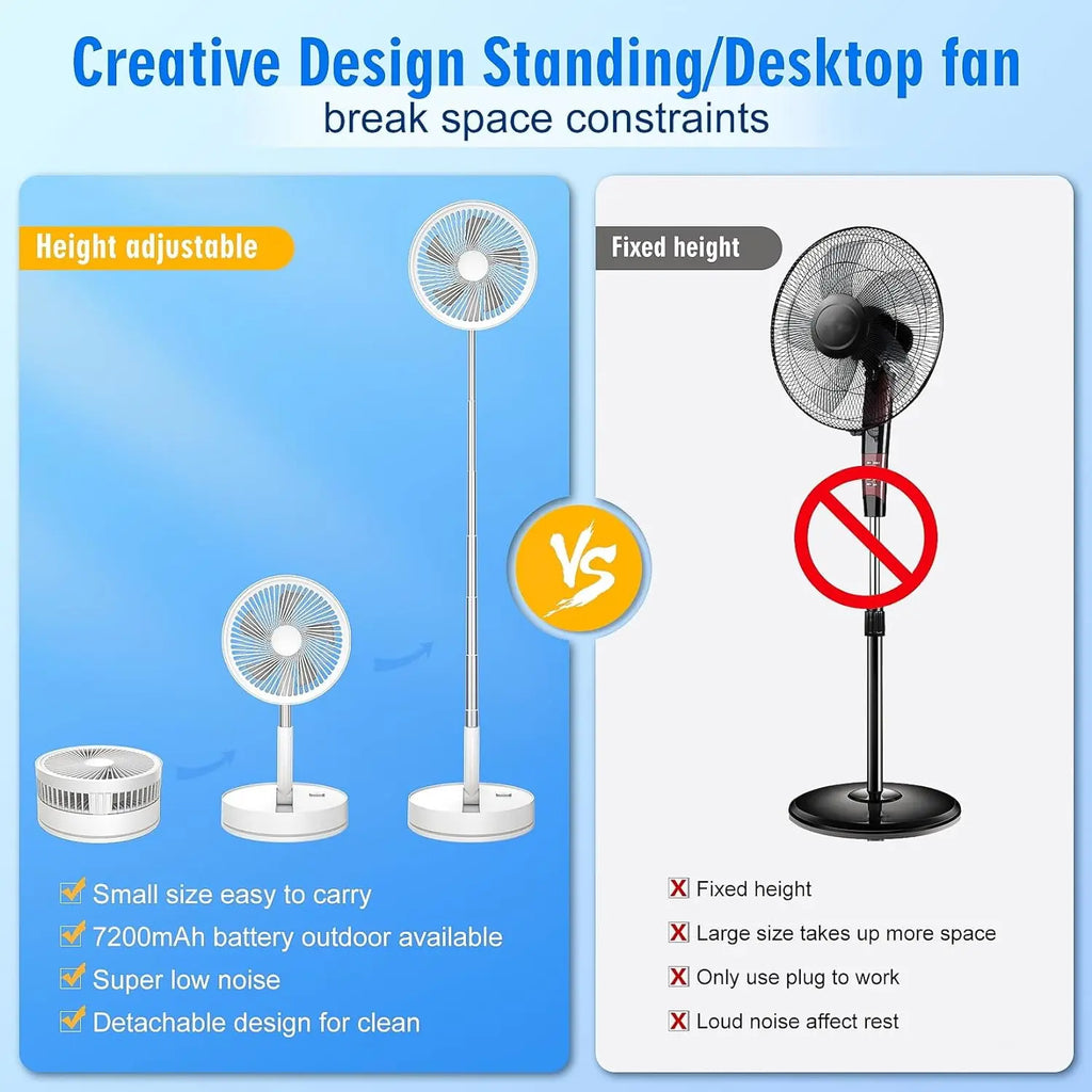 9" Foldable Telescopic Fan Portable Small Table Fan USB Rechagerable With Remote Control Low Noise Floor Fan For Outdoor Indoor