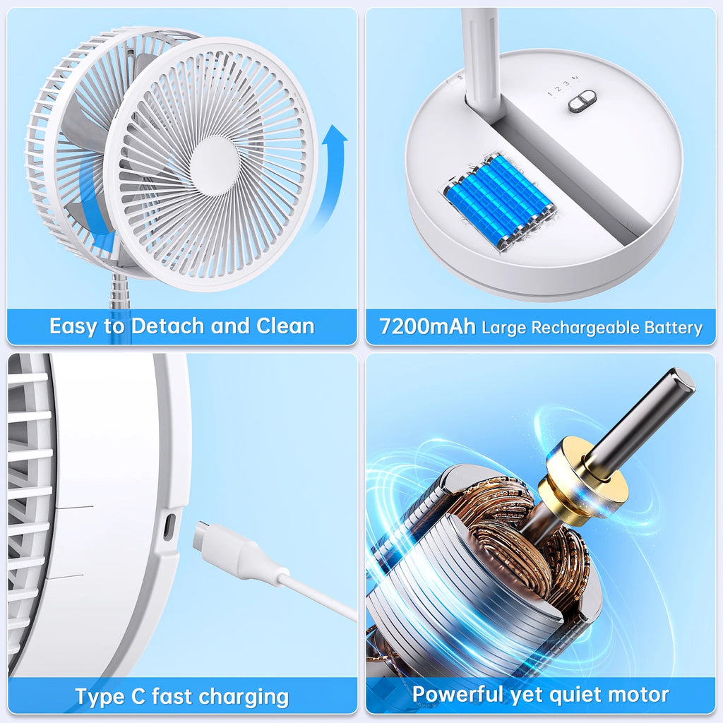 9" Foldable Telescopic Fan Portable Small Table Fan USB Rechagerable With Remote Control Low Noise Floor Fan For Outdoor Indoor
