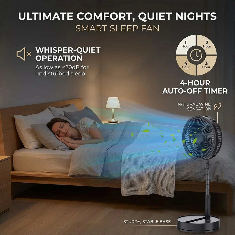 Ultra Quiet 8.6 Inch Folding Fan 7200mah Rechargeable Portable USB Desk Fan, Remote Control Standing Floor Fan with Long Battery Life for Bedroom Office Camping - Black/While