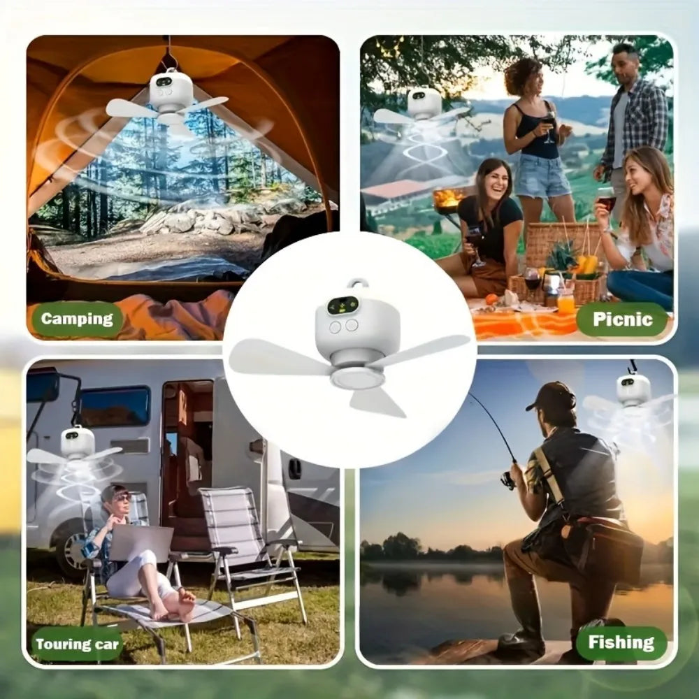 8000mHA Portable Ceiling Fan With LED Light & Remote Control Outdoor Camping Tent Hanging Fan USB Rechargeable Electric Fan