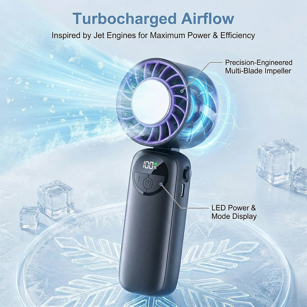 Portable Handheld Fan with Turbo Instant Cooling 120 Wind Speeds USB Rechargeable LED Display – Mini Desktop Fan for Indoor & Outdoor Use