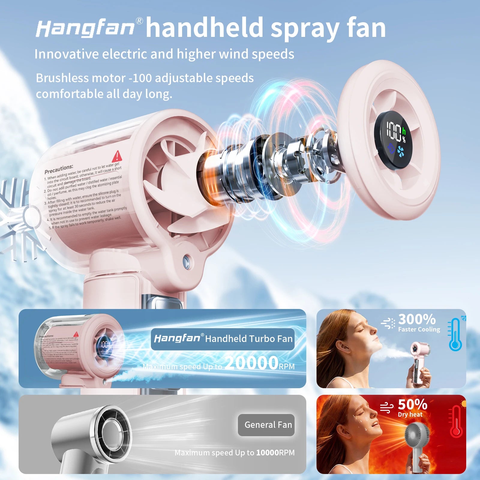 Hangfan portable spray handheld fan [19H maximum cooling time], 3000mAh USB rechargeable spray fan, 100 gear adjustable, mini fa