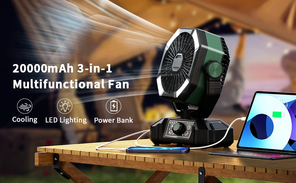 20000mAh Battery Camping Fan with 4 LED Lantern 8 Speeds Desk Fan Portable Outdoor Fan for Outdoor Camping Tent and Fishing