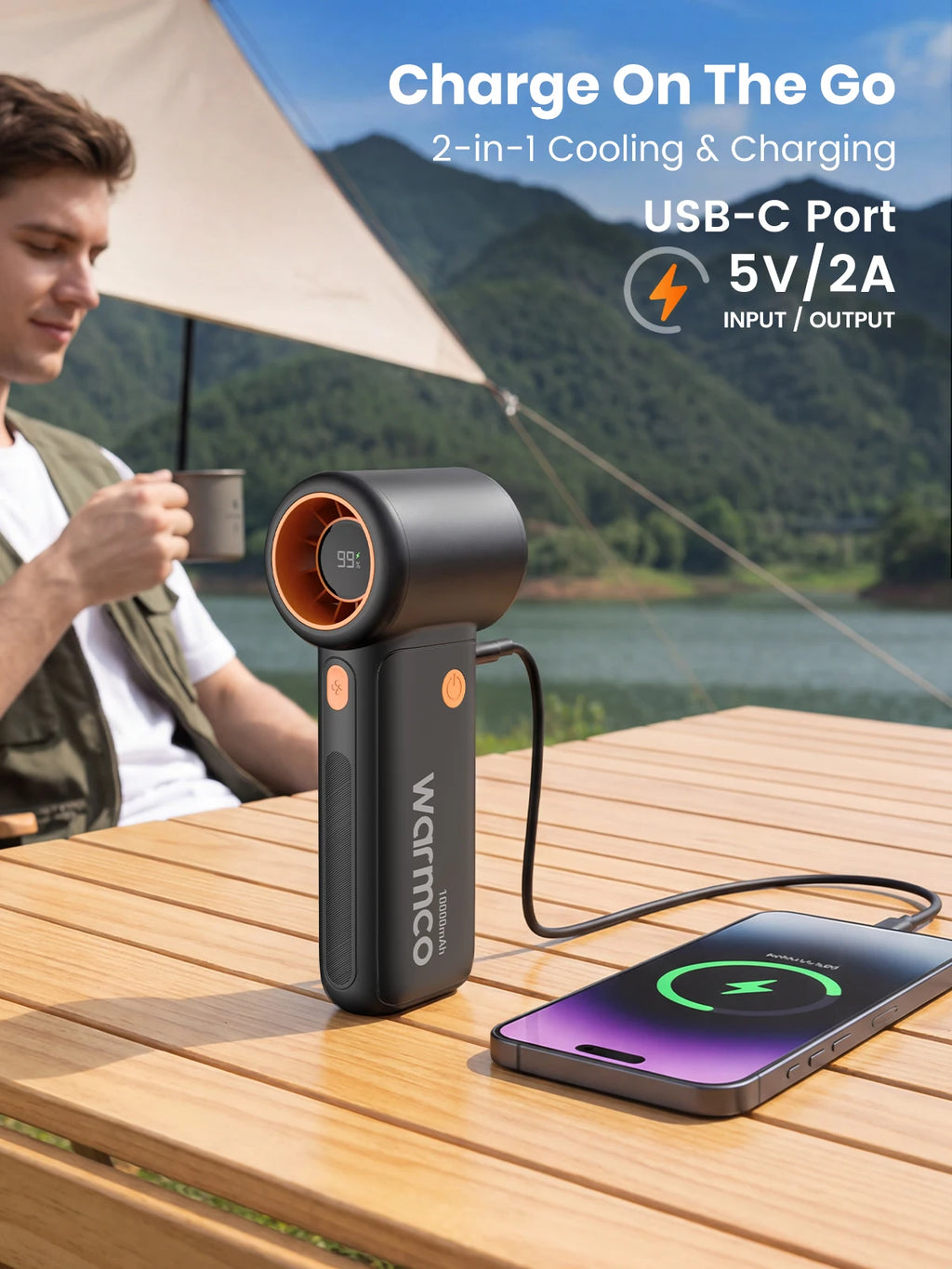 Warmco 10000mAh Turbo Portable Handheld Fan, [36H Long Runtime] USB Rechargeable Personal Travel Fan With 5 Speeds & LED Display for Travel Outdoor, Gift for Men and Women