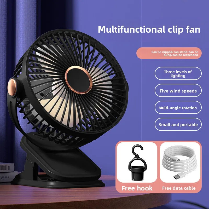 4 in 1 USB Rechargeable Fan with LED Night Light 5 Speed 720° Adjustable Low Noise Mini Desk Clip Fan For Home Office Camping