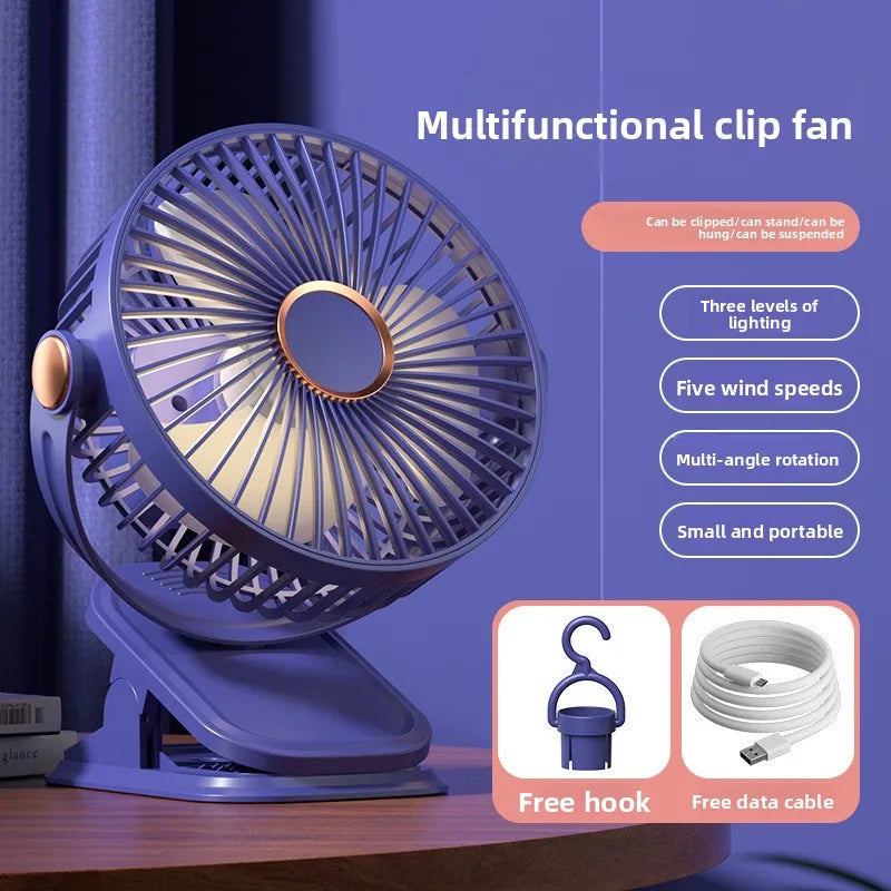 4 in 1 USB Rechargeable Fan with LED Night Light 5 Speed 720° Adjustable Low Noise Mini Desk Clip Fan For Home Office Camping