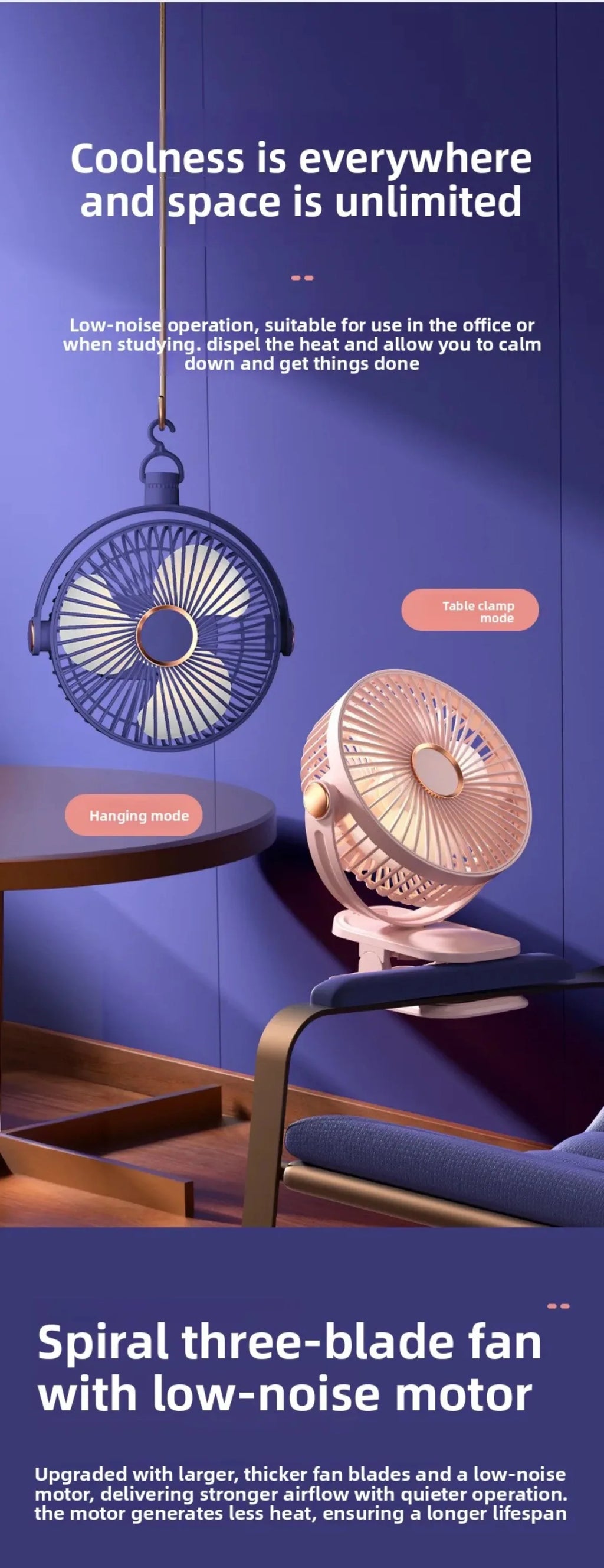 4 in 1 USB Rechargeable Fan with LED Night Light 5 Speed 720° Adjustable Low Noise Mini Desk Clip Fan For Home Office Camping