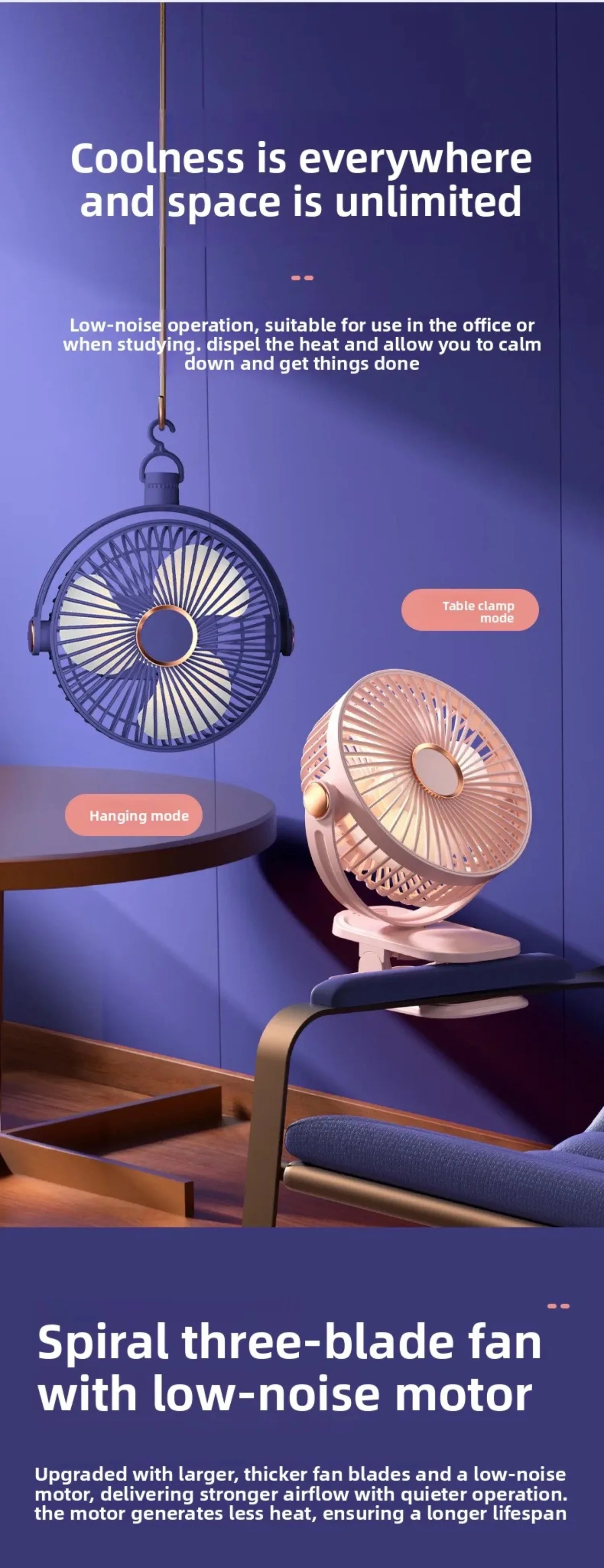 4 in 1 USB Rechargeable Fan with LED Night Light 5 Speed 720° Adjustable Low Noise Mini Desk Clip Fan For Home Office Camping