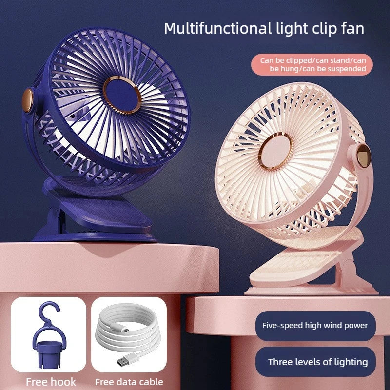 4 in 1 USB Rechargeable Fan with LED Night Light 5 Speed 720° Adjustable Low Noise Mini Desk Clip Fan For Home Office Camping