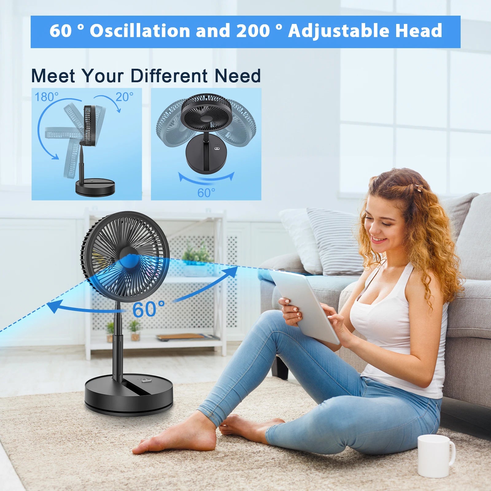 9″ Foldable Telescopic Small Fan USB Rechargeable 7200mAh Battery Operated Fan 4-Speed Adjustable Table Fan With Remote Control
