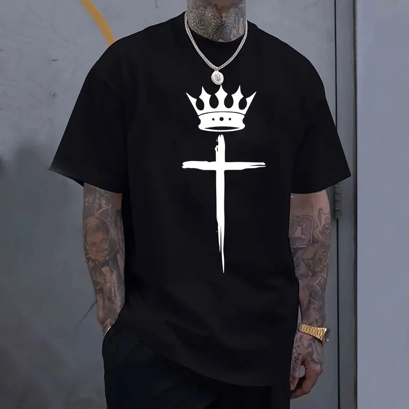 Men's Cross Crown Print 100% Cotton T-Shirt – Cool Casual Tee