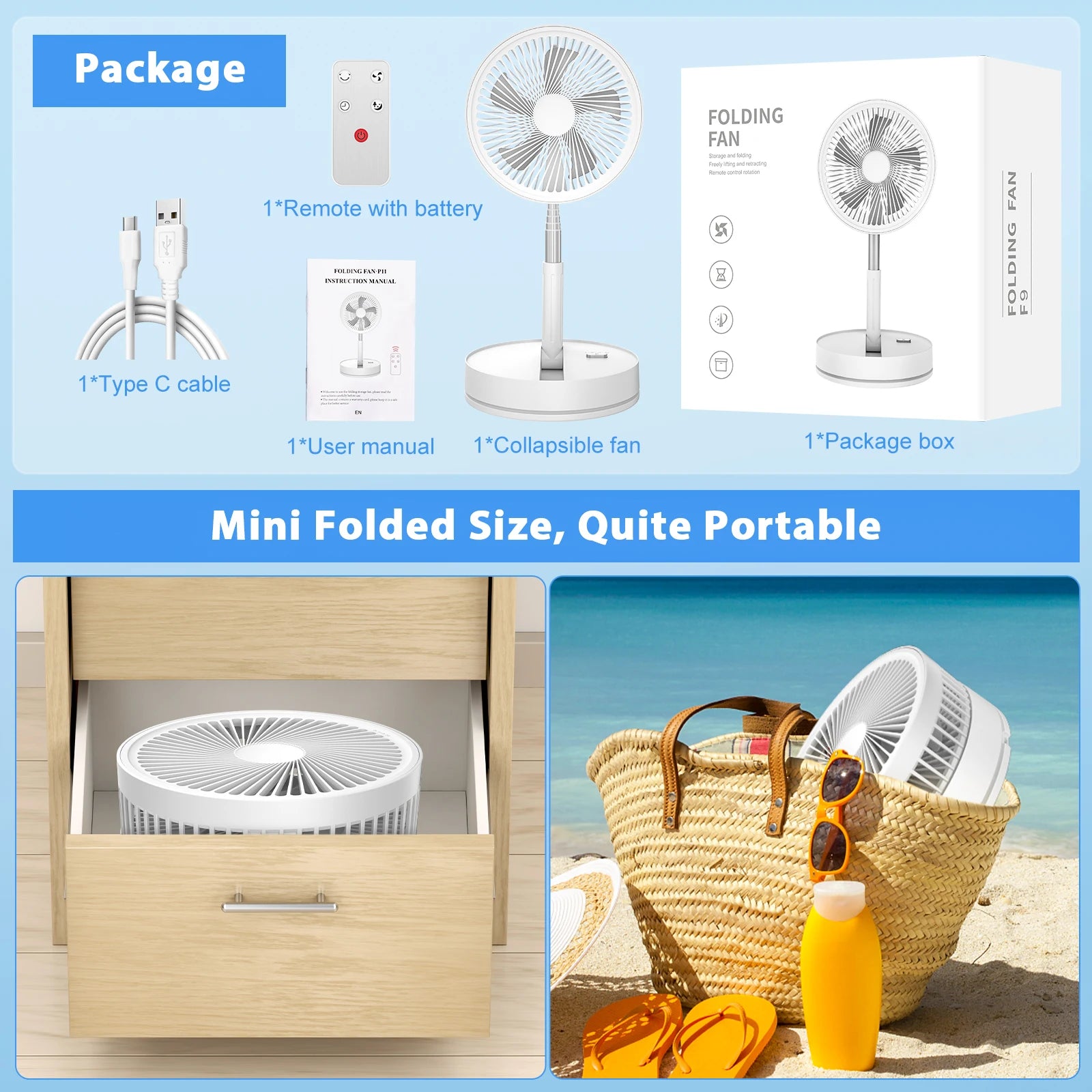 9″ Foldable Telescopic Small Fan USB Rechargeable 7200mAh Battery Operated Fan 4-Speed Adjustable Table Fan With Remote Control