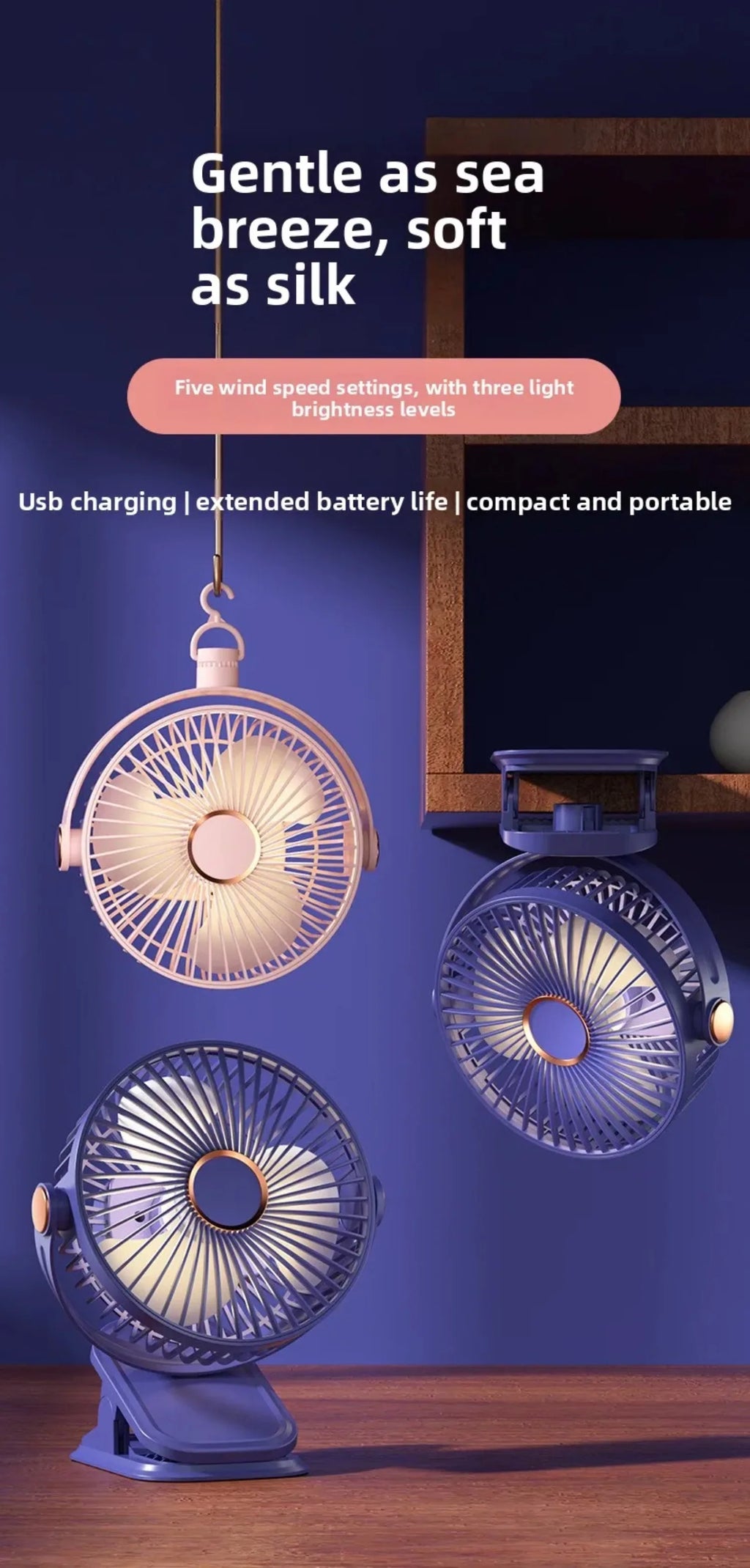 4 in 1 USB Rechargeable Fan with LED Night Light 5 Speed 720° Adjustable Low Noise Mini Desk Clip Fan For Home Office Camping