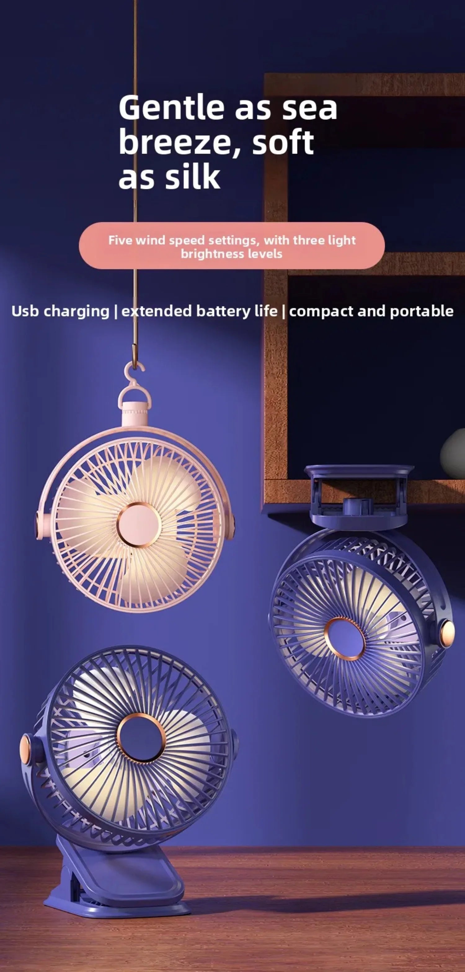 4 in 1 USB Rechargeable Fan with LED Night Light 5 Speed 720° Adjustable Low Noise Mini Desk Clip Fan For Home Office Camping