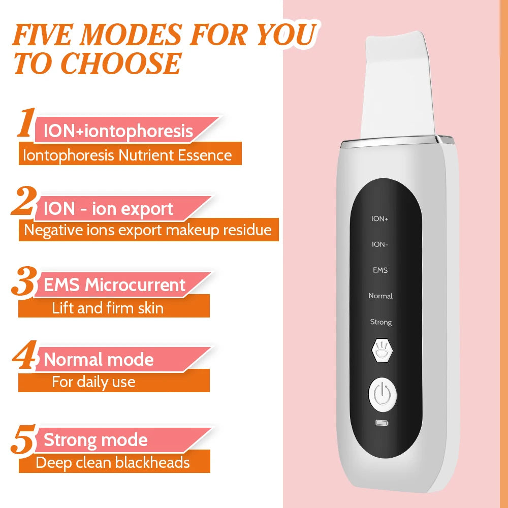 Ultrasonic Skin Scrubber Face Pore Cleaner Deep Cleansing Tool with 4 Modes Peeling Blackhead Remover for Facial Skincare