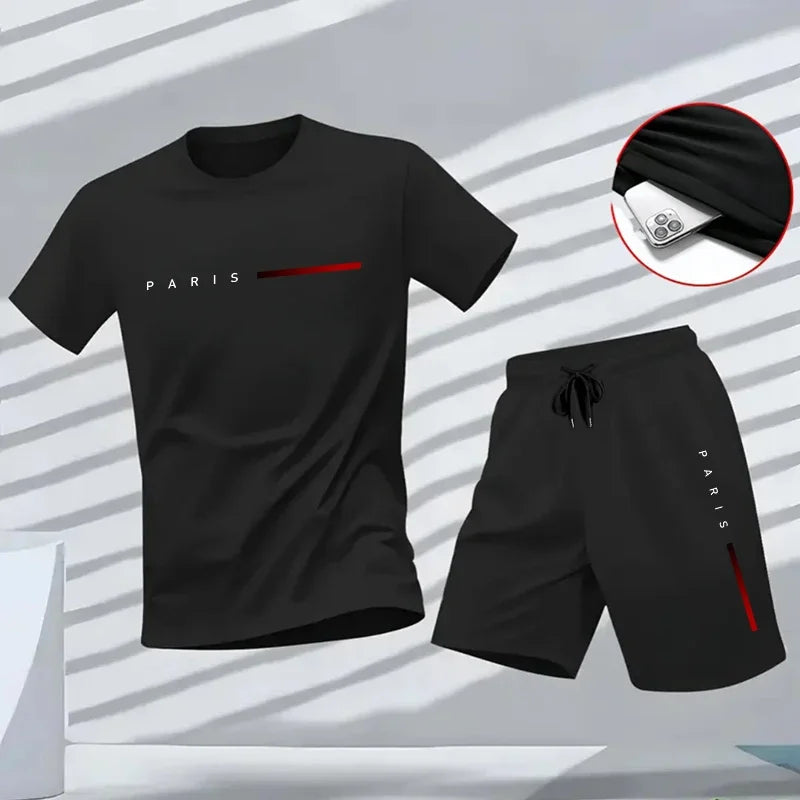 2026 Men's Paris Print Tracksuit – T-Shirt & Quick-Dry Shorts