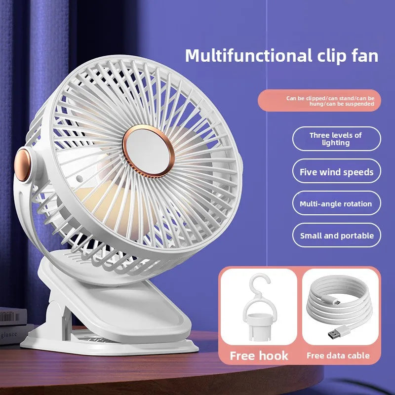 4 in 1 USB Rechargeable Fan with LED Night Light 5 Speed 720° Adjustable Low Noise Mini Desk Clip Fan For Home Office Camping