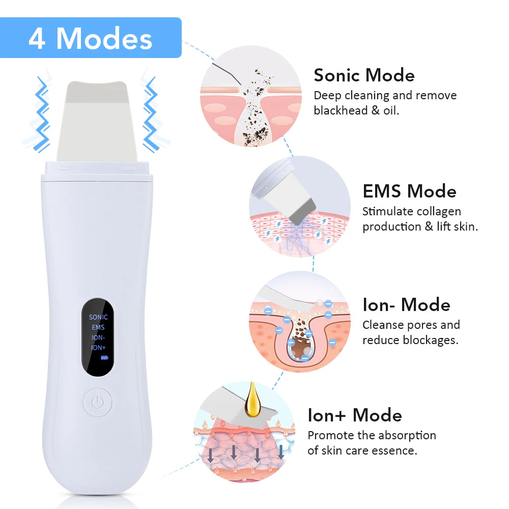 Ultrasonic Skin Scrubber Face Pore Cleaner Deep Cleansing Tool with 4 Modes Peeling Blackhead Remover for Facial Skincare