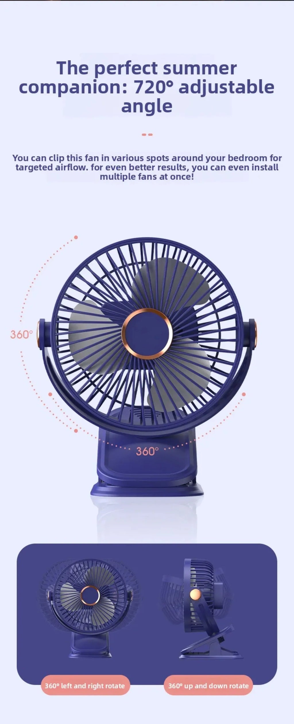 4 in 1 USB Rechargeable Fan with LED Night Light 5 Speed 720° Adjustable Low Noise Mini Desk Clip Fan For Home Office Camping