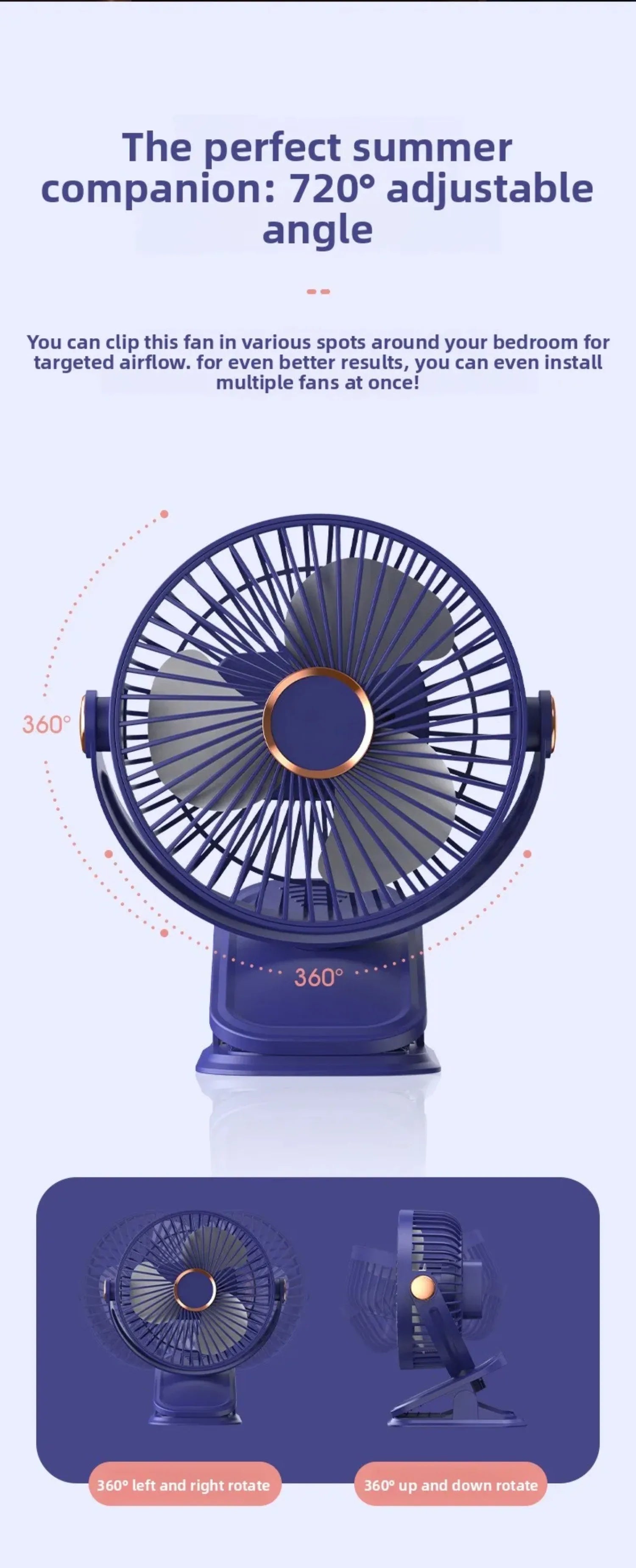 4 in 1 USB Rechargeable Fan with LED Night Light 5 Speed 720° Adjustable Low Noise Mini Desk Clip Fan For Home Office Camping