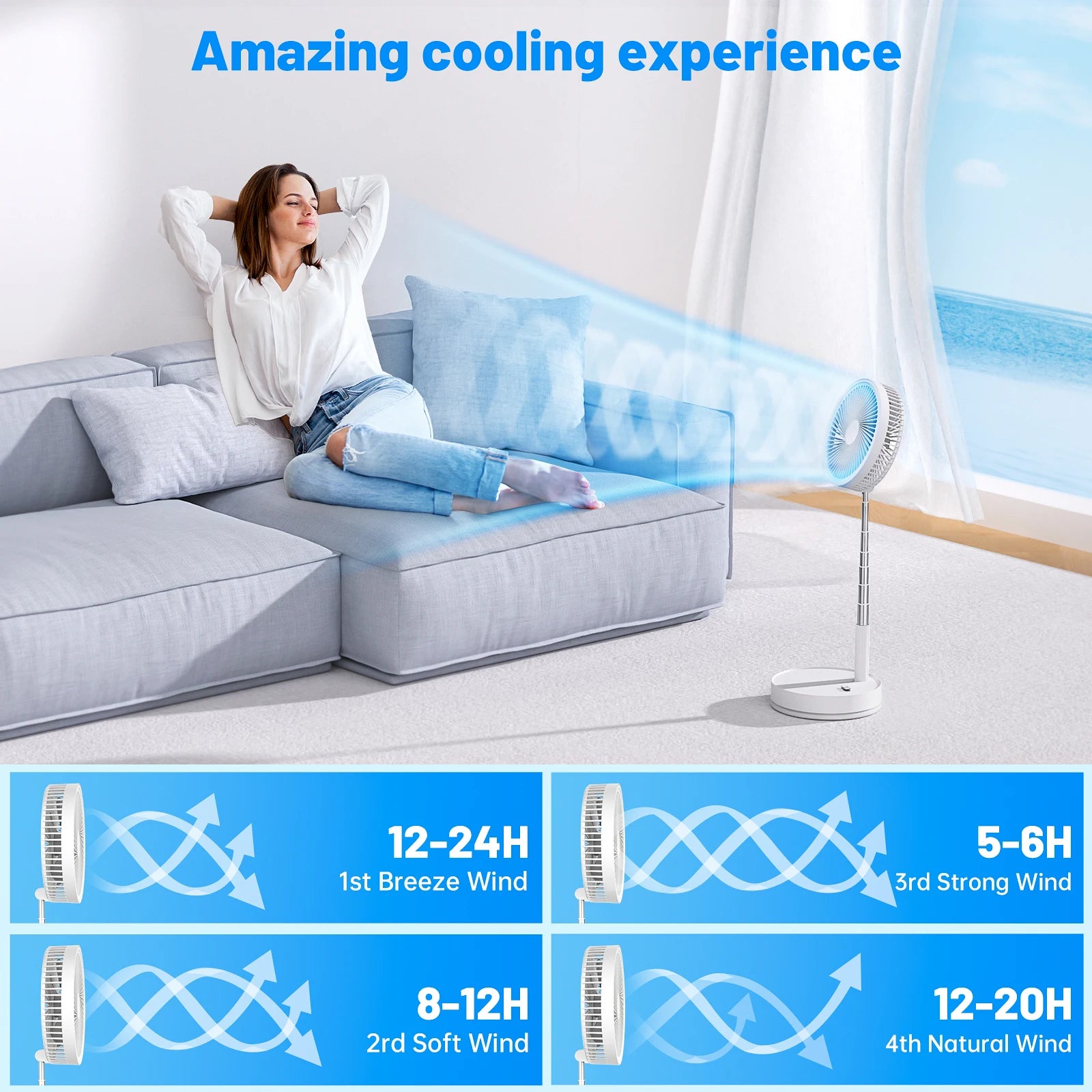 9″ Foldable Telescopic Small Fan USB Rechargeable 7200mAh Battery Operated Fan 4-Speed Adjustable Table Fan With Remote Control