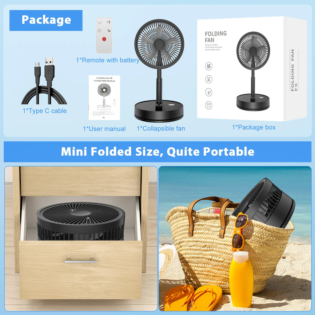 9″ Foldable Telescopic Small Fan USB Rechargeable 7200mAh Battery Operated Fan 4-Speed Adjustable Table Fan With Remote Control