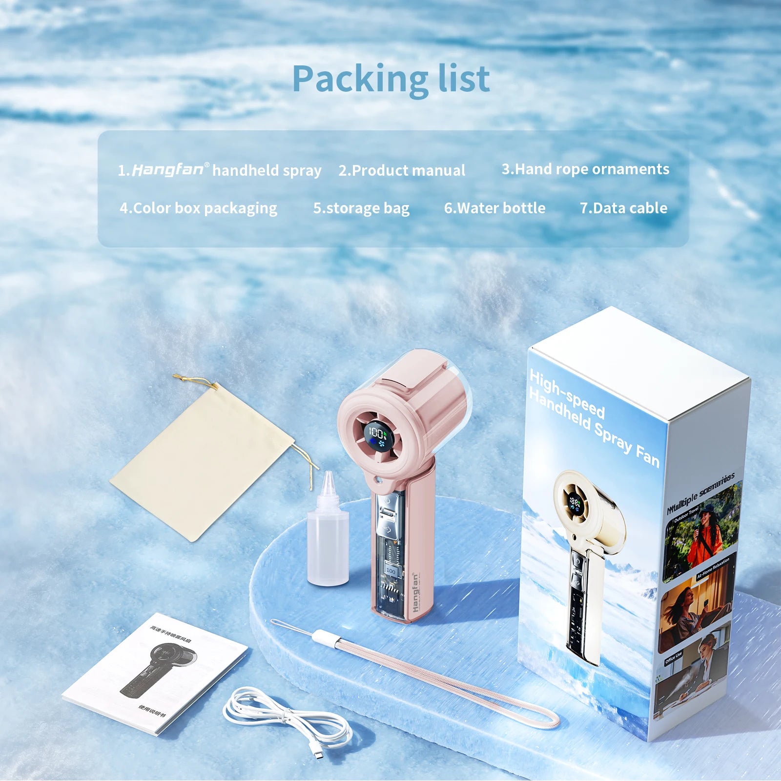Hangfan portable spray handheld fan [19H maximum cooling time], 3000mAh USB rechargeable spray fan, 100 gear adjustable, mini fa