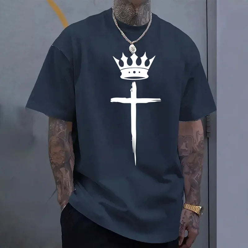 Men's Cross Crown Print 100% Cotton T-Shirt – Cool Casual Tee