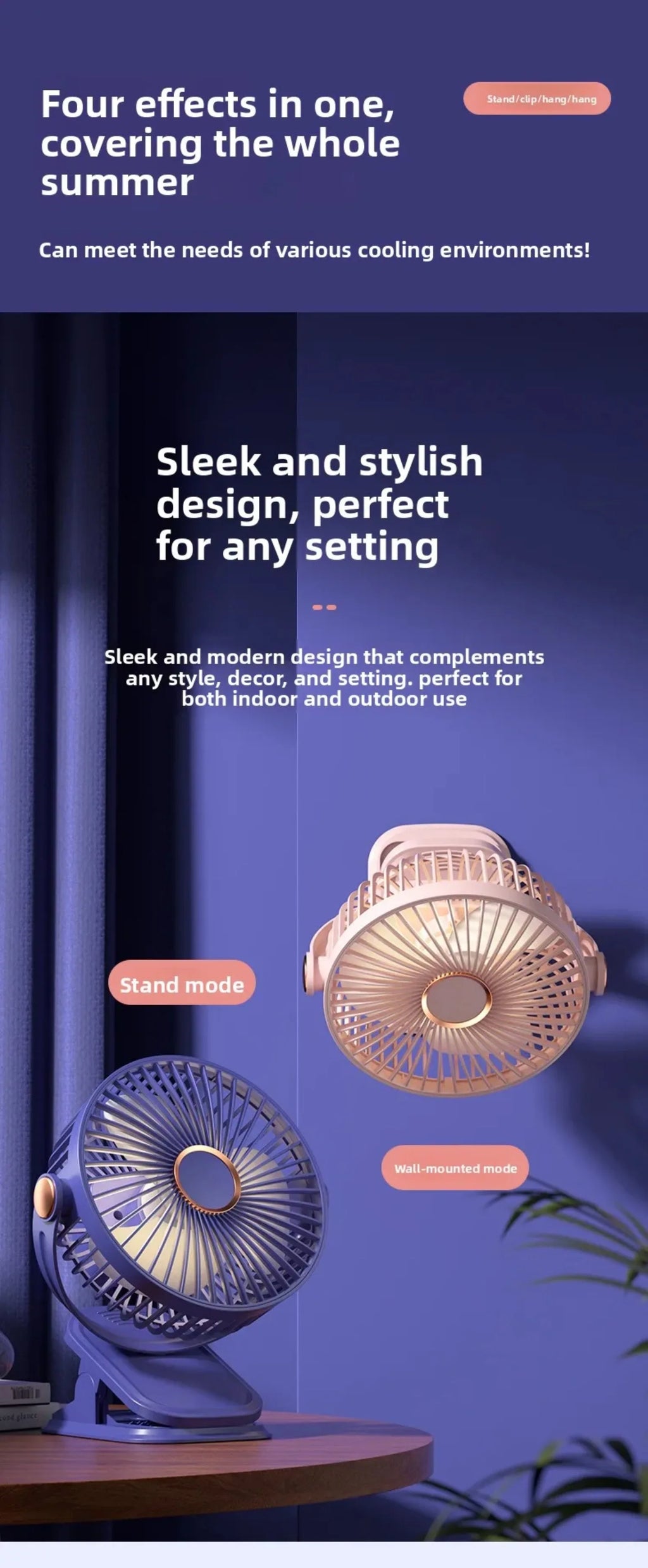 4 in 1 USB Rechargeable Fan with LED Night Light 5 Speed 720° Adjustable Low Noise Mini Desk Clip Fan For Home Office Camping