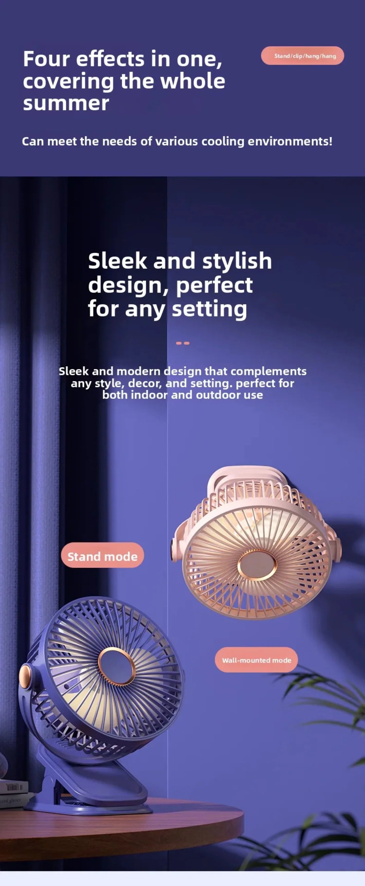 4 in 1 USB Rechargeable Fan with LED Night Light 5 Speed 720° Adjustable Low Noise Mini Desk Clip Fan For Home Office Camping