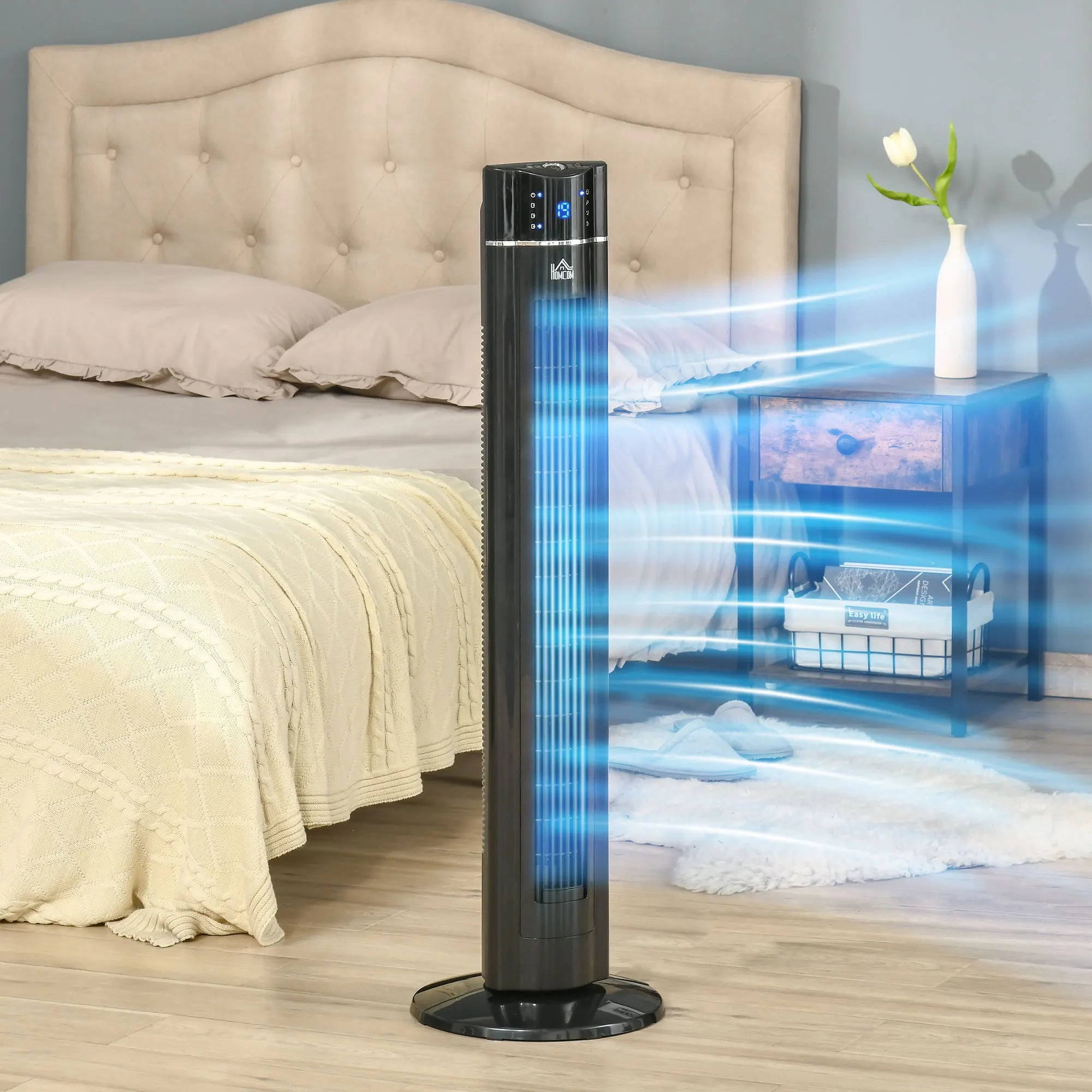 HOMCOM Tower Fan Anion Cooling Bedroom w/ Oscillating, Remote Controller, Black