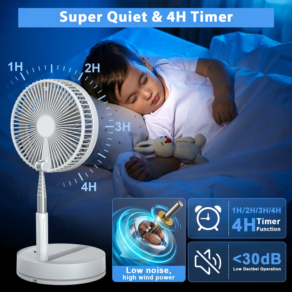 9″ Foldable Telescopic Small Fan USB Rechargeable 7200mAh Battery Operated Fan 4-Speed Adjustable Table Fan With Remote Control