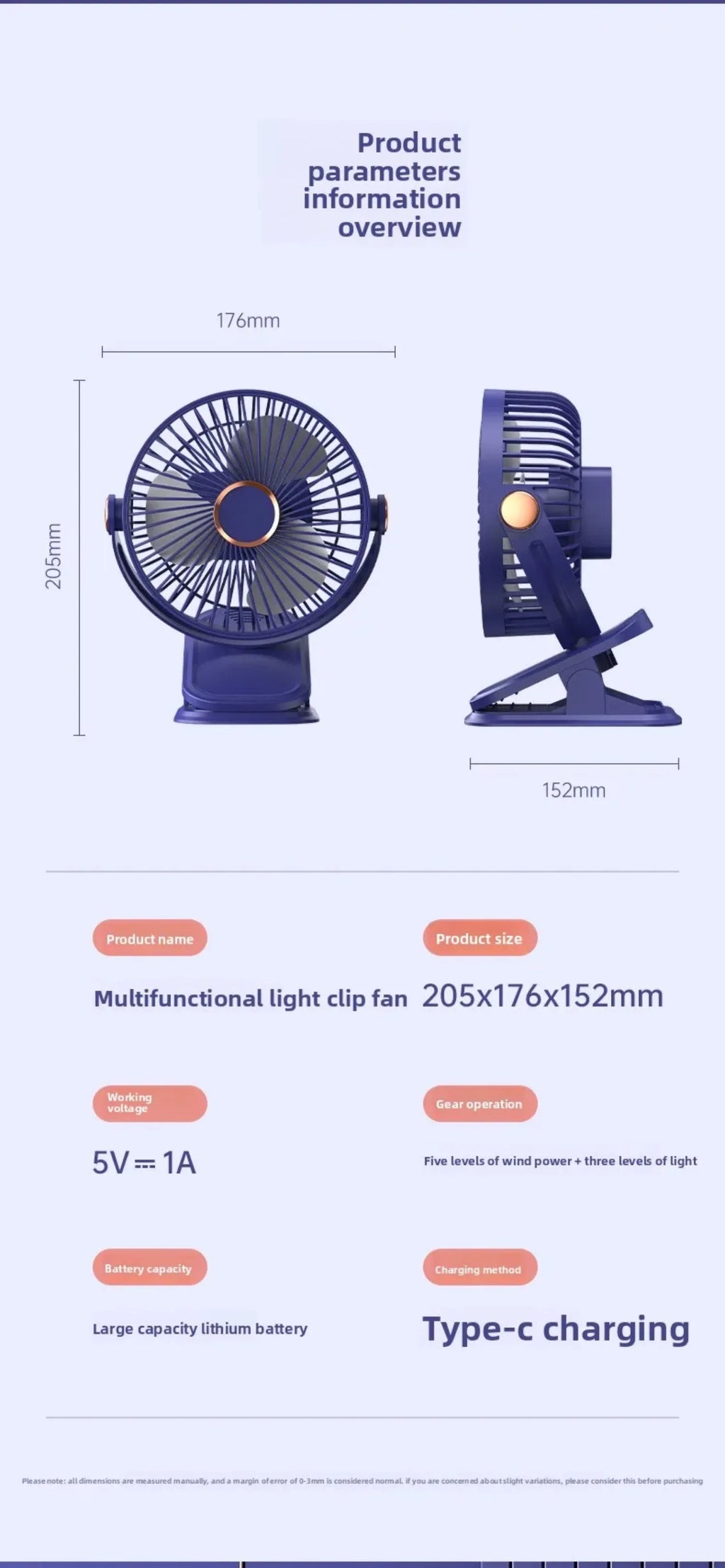 4 in 1 USB Rechargeable Fan with LED Night Light 5 Speed 720° Adjustable Low Noise Mini Desk Clip Fan For Home Office Camping