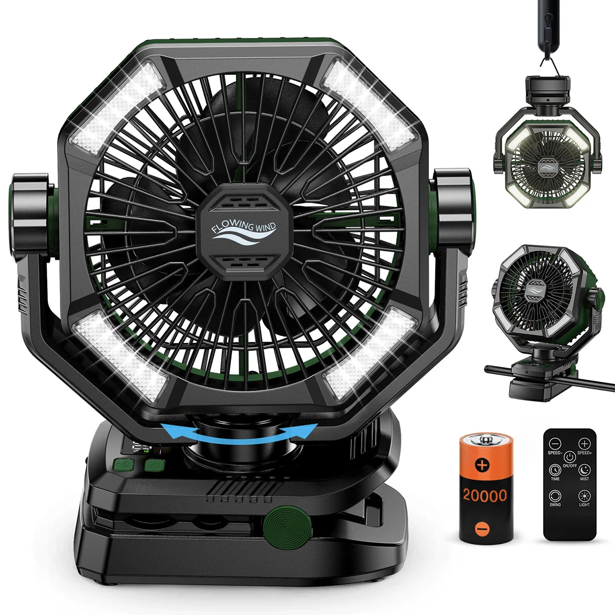 SKYTOO Camping Fan with Dual Motor 20000mAh RechargeableClip Fan with Digital Display with LED Lantern for Camping Outdoor Fan