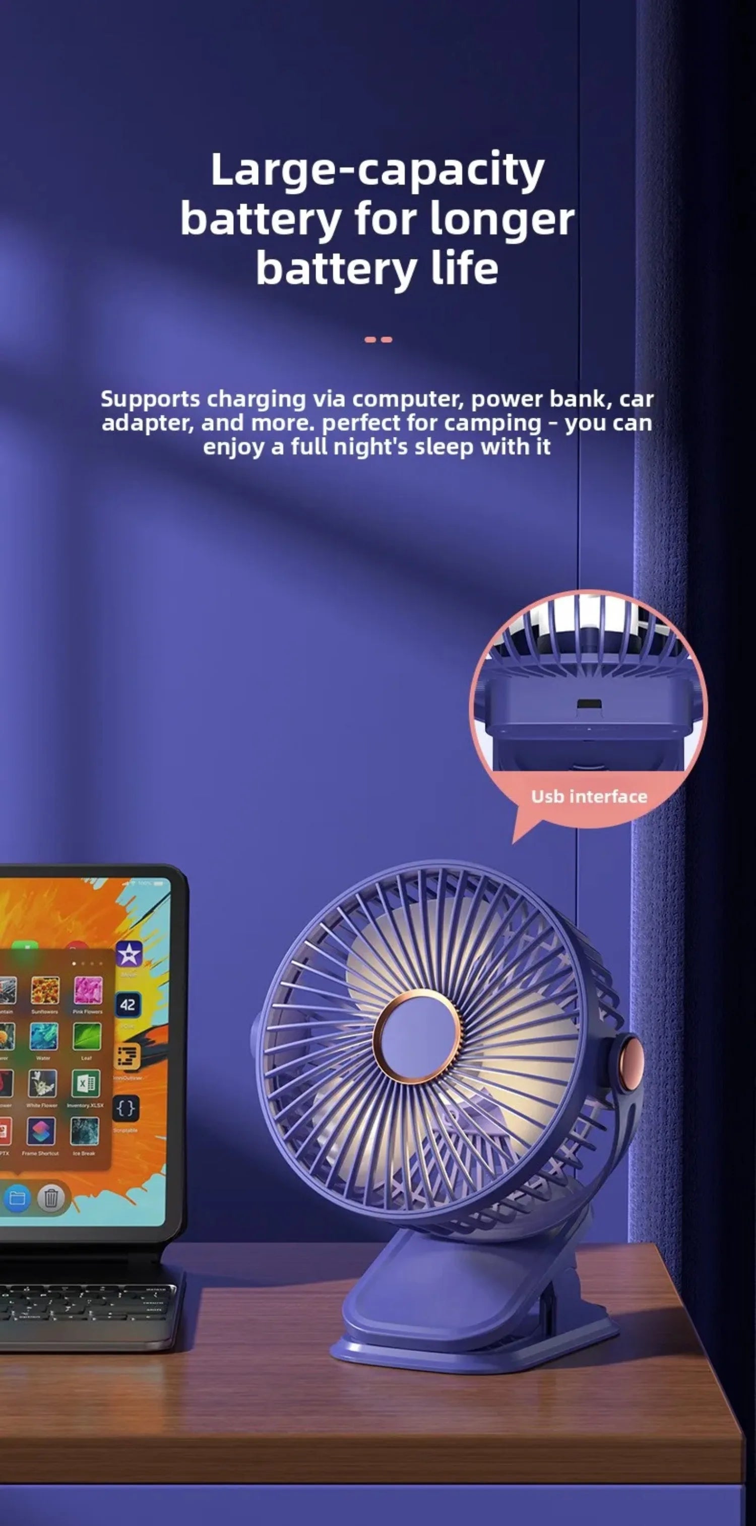 4 in 1 USB Rechargeable Fan with LED Night Light 5 Speed 720° Adjustable Low Noise Mini Desk Clip Fan For Home Office Camping