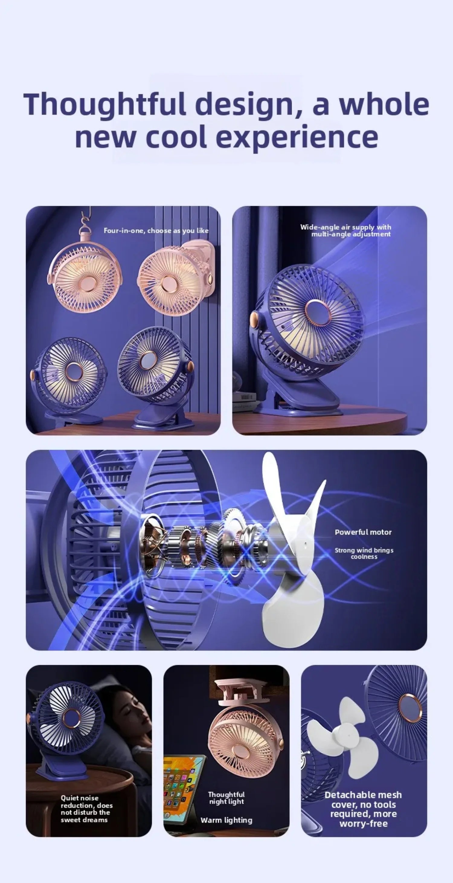 4 in 1 USB Rechargeable Fan with LED Night Light 5 Speed 720° Adjustable Low Noise Mini Desk Clip Fan For Home Office Camping